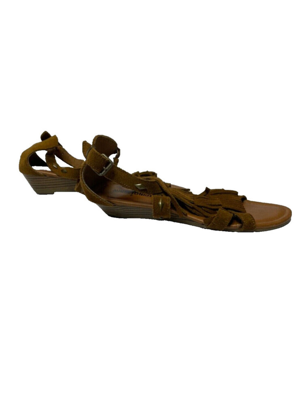 Minnetonka Merriam Suede Leather Fringe Studded Open Toe Wedge Sandals Size 9 - Picture 5 of 8